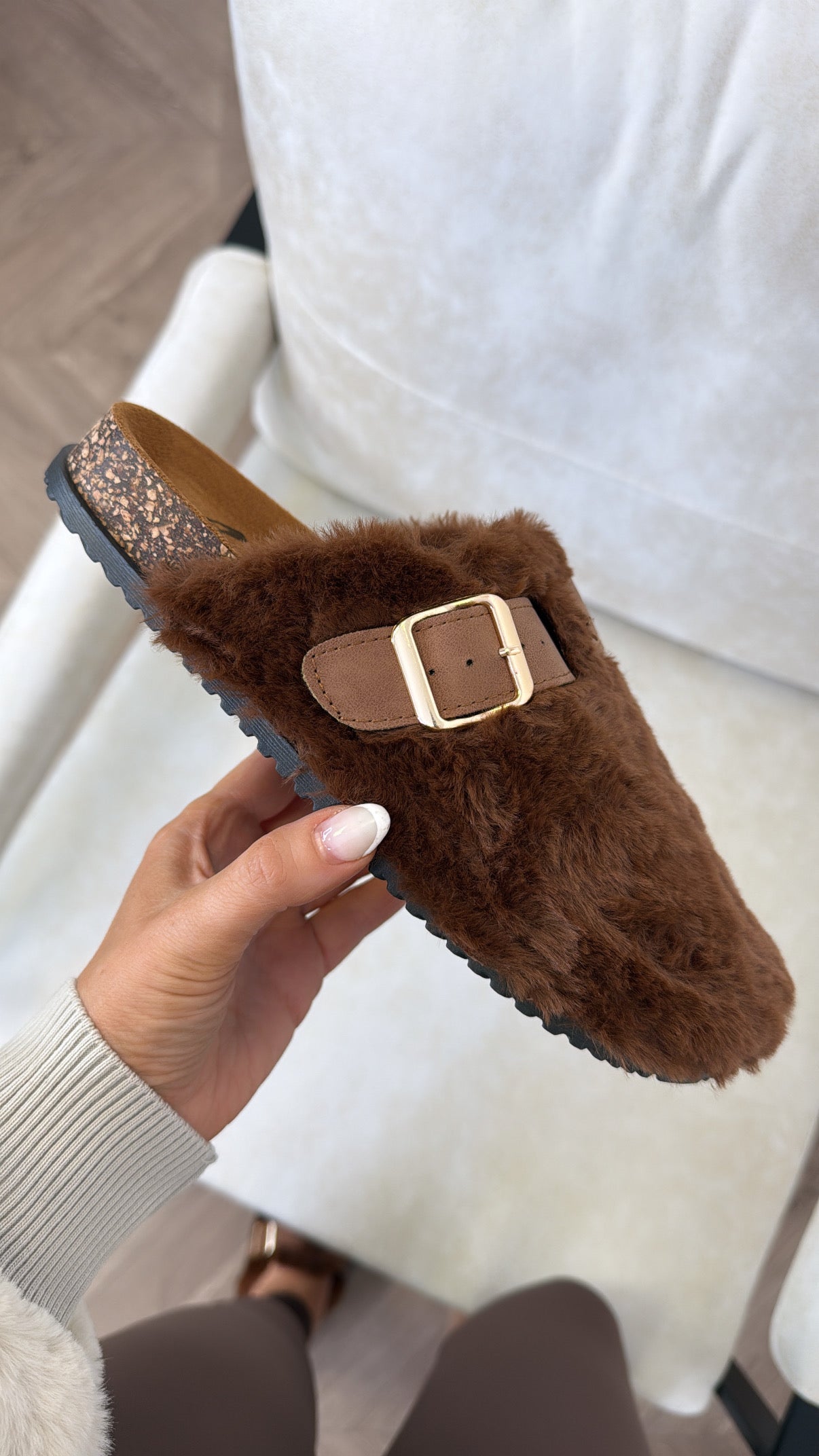 ASPEN brown faux fur mules with buckle detail