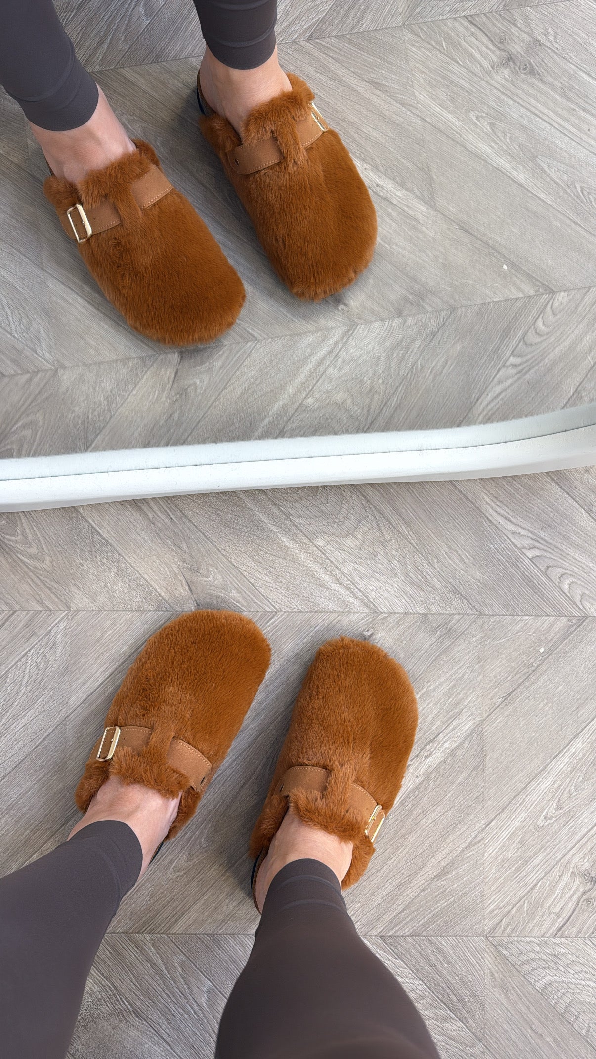 ASPEN camel faux fur mules with buckle detail