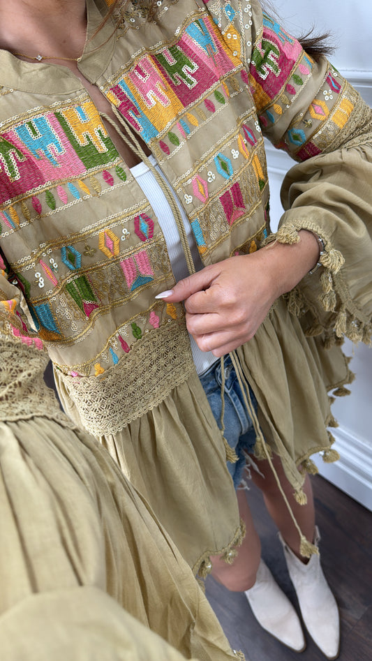 MEGAN beige embroidered detail boho tie top