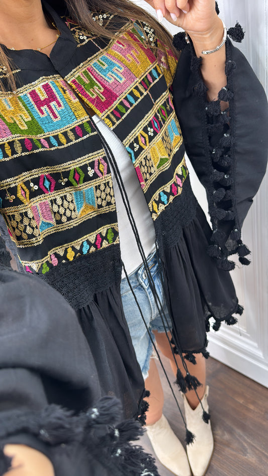 MEGAN black embroidered detail boho tie top