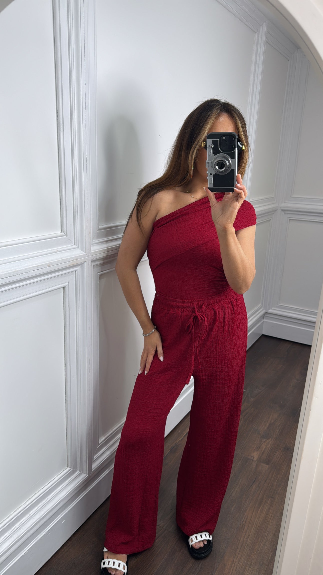 AURORA cherry asymmetric crepe trouser co-ord