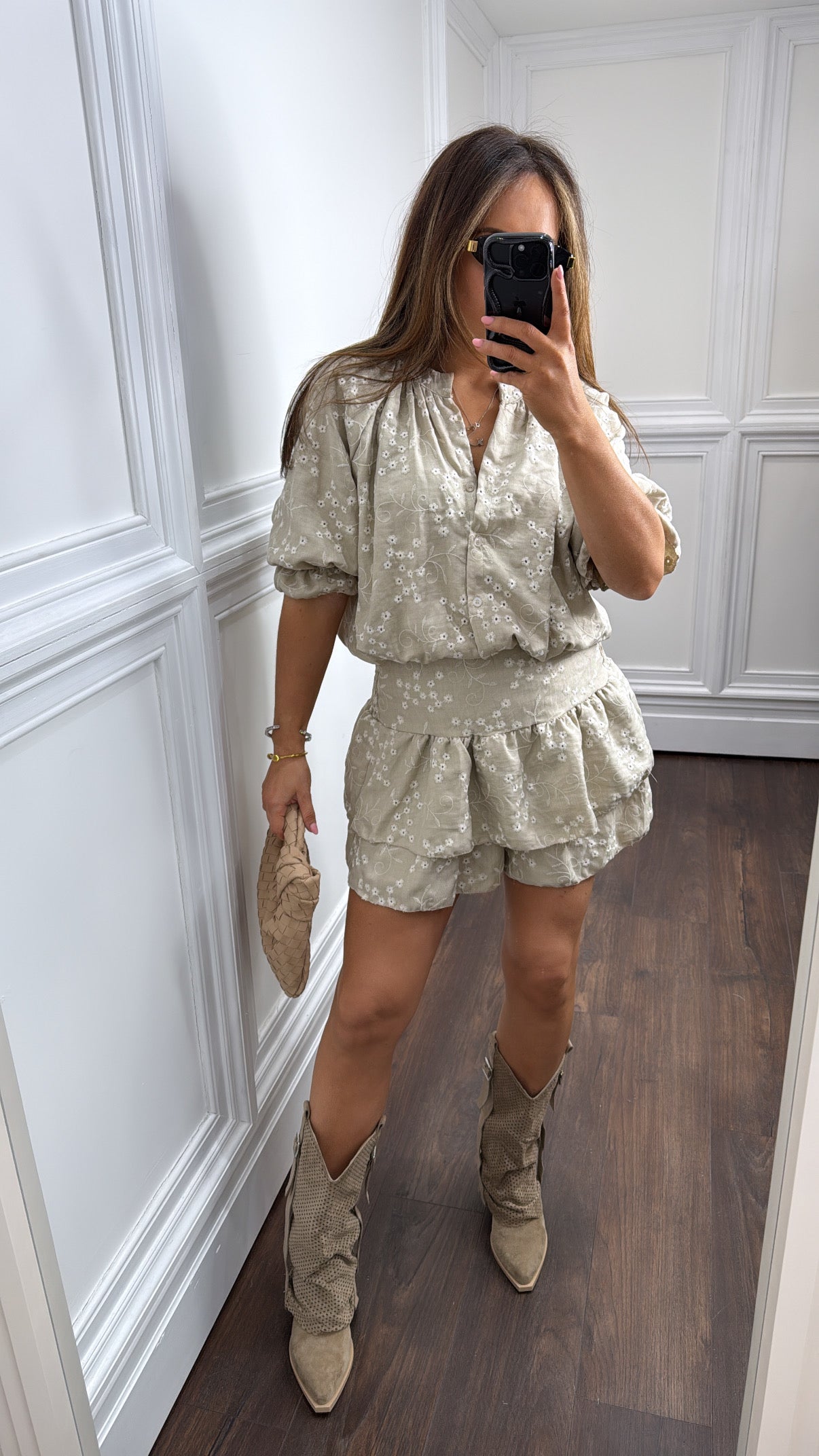 EBONIE beige embroidered detail playsuit