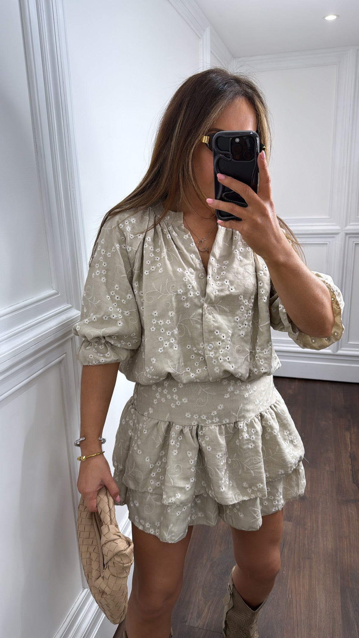 EBONIE beige embroidered detail playsuit