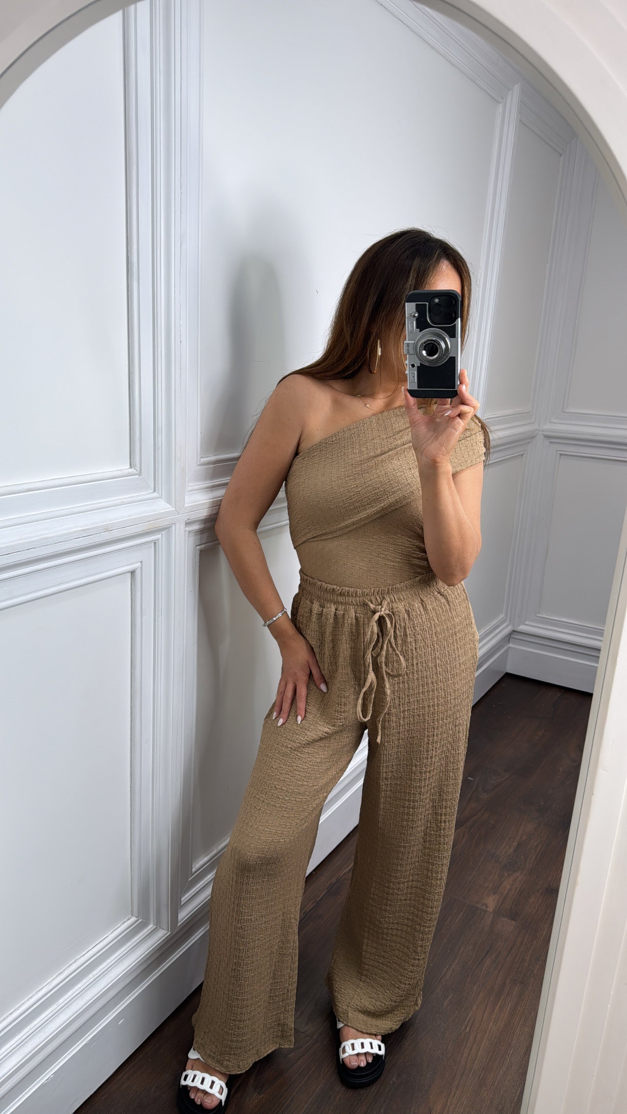 AURORA camel asymmetric crepe trouser co-ord
