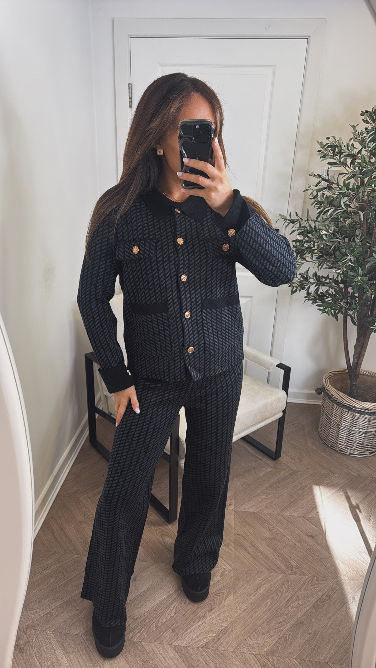 SIENNA black pattern lounge set with gold button detail