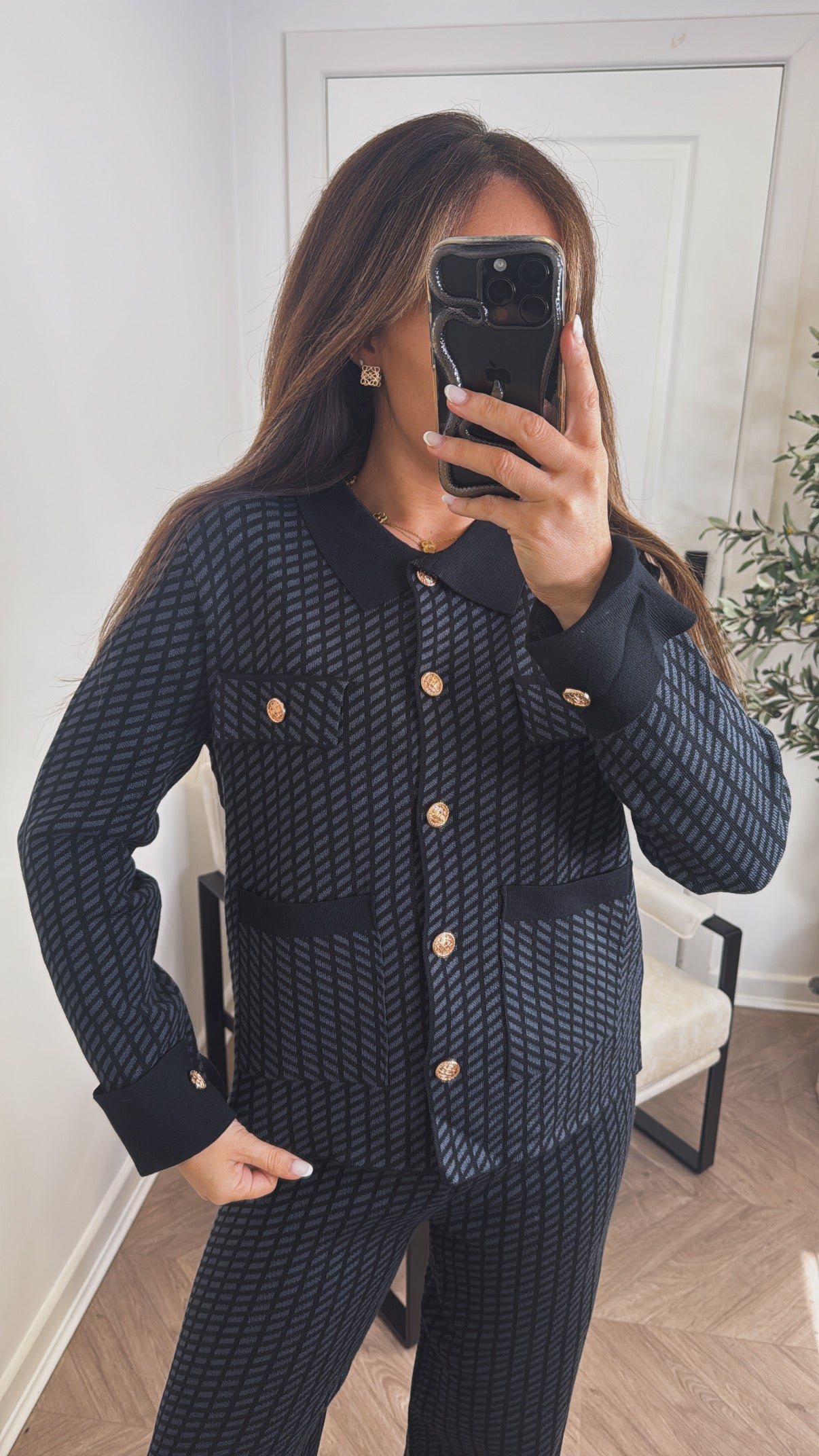 SIENNA black pattern lounge set with gold button detail