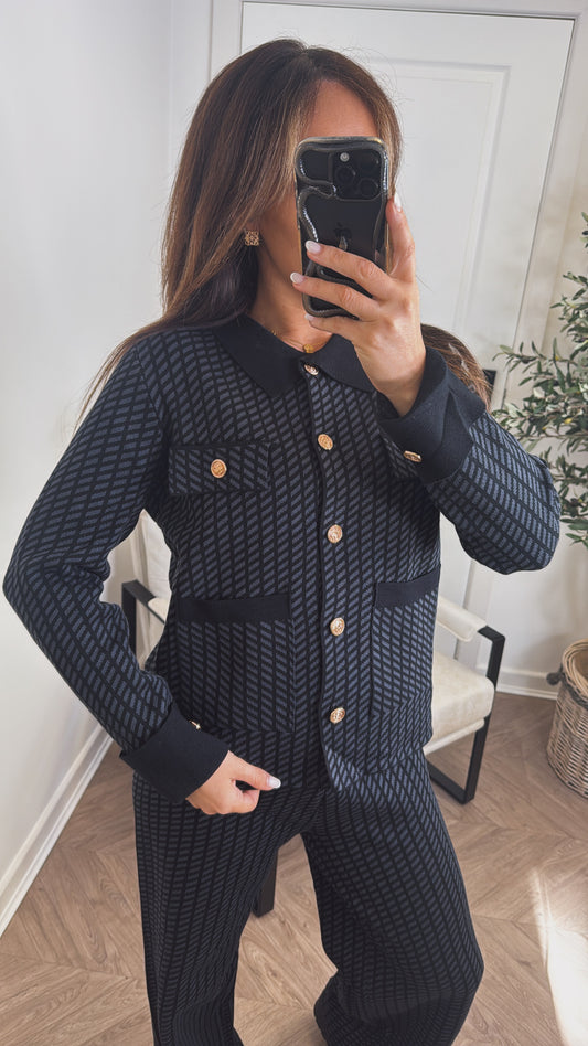 SIENNA black pattern lounge set with gold button detail