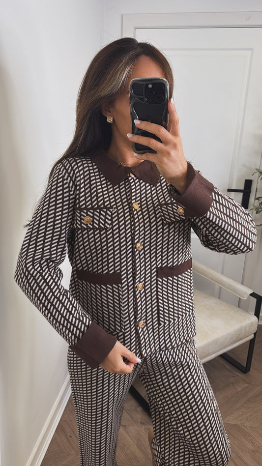 SIENNA brown pattern lounge set with gold button detail