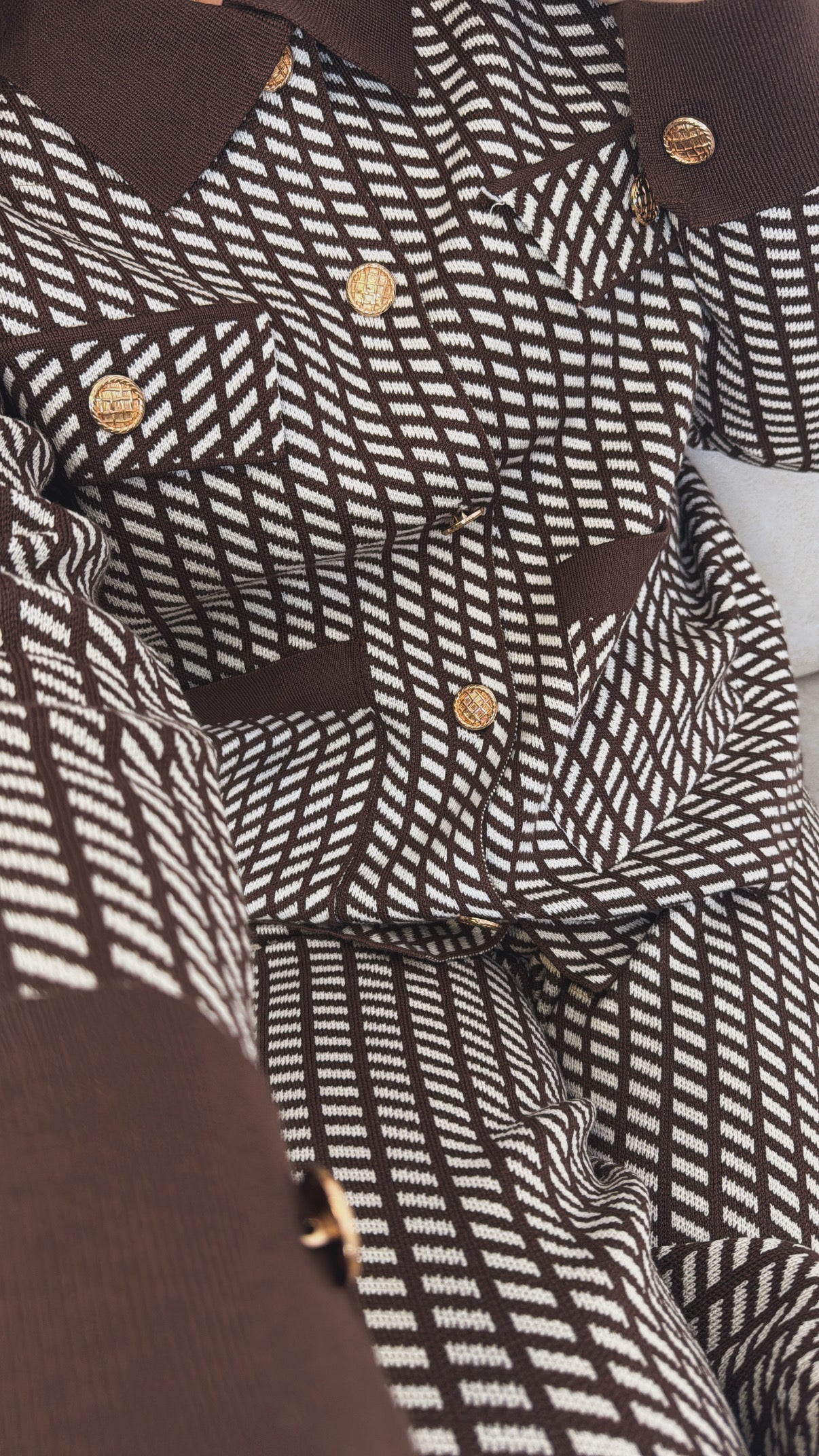 SIENNA brown pattern lounge set with gold button detail