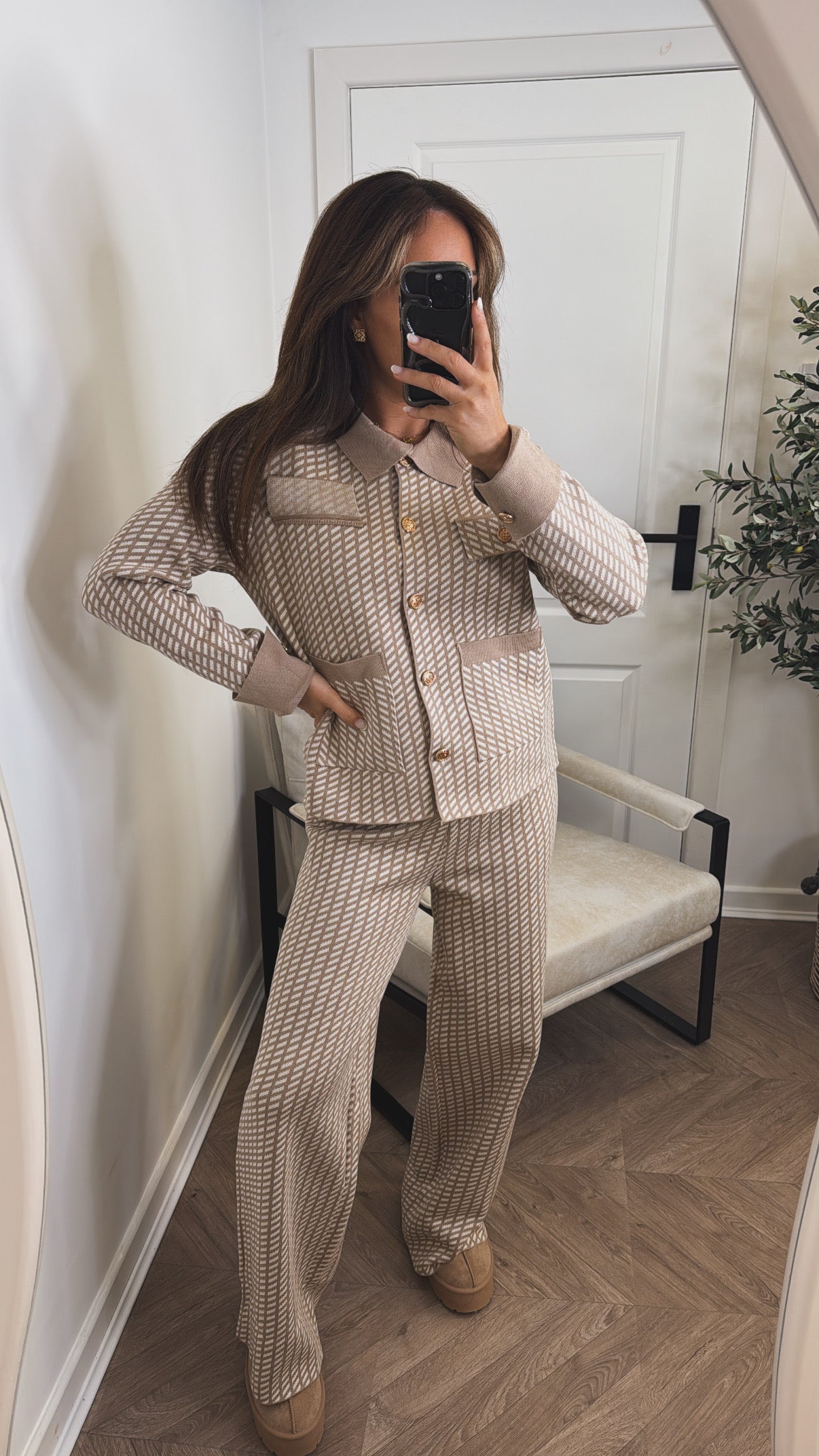 SIENNA beige pattern lounge set with gold button detail