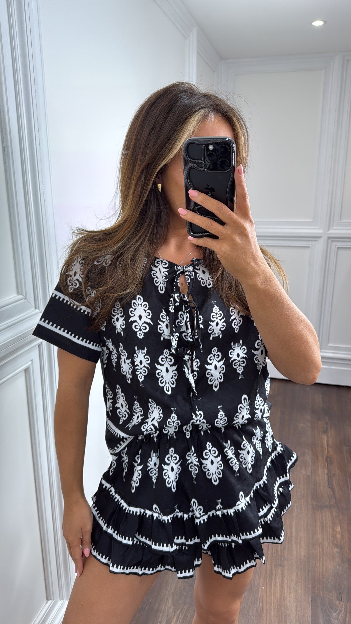 RAYA black baroque print frill shorts co-ord