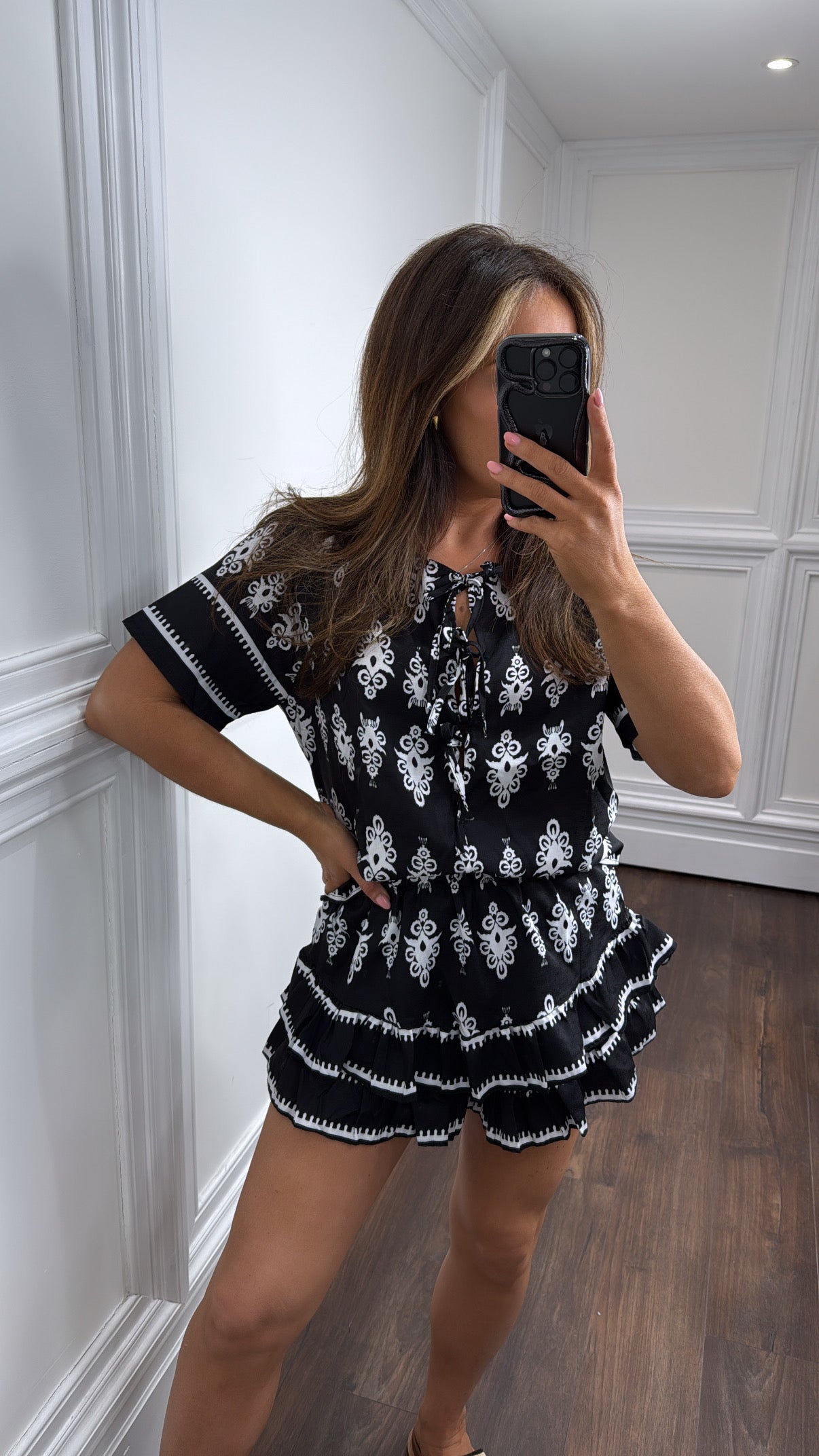 RAYA black baroque print frill shorts co-ord