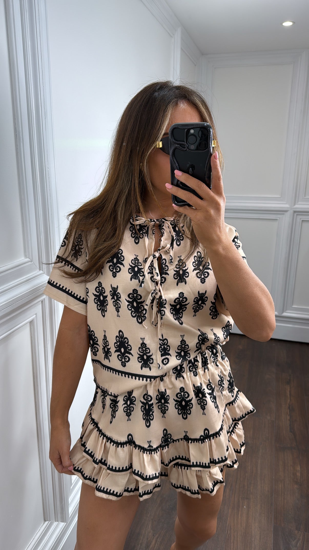 RAYA beige baroque print frill shorts co-ord