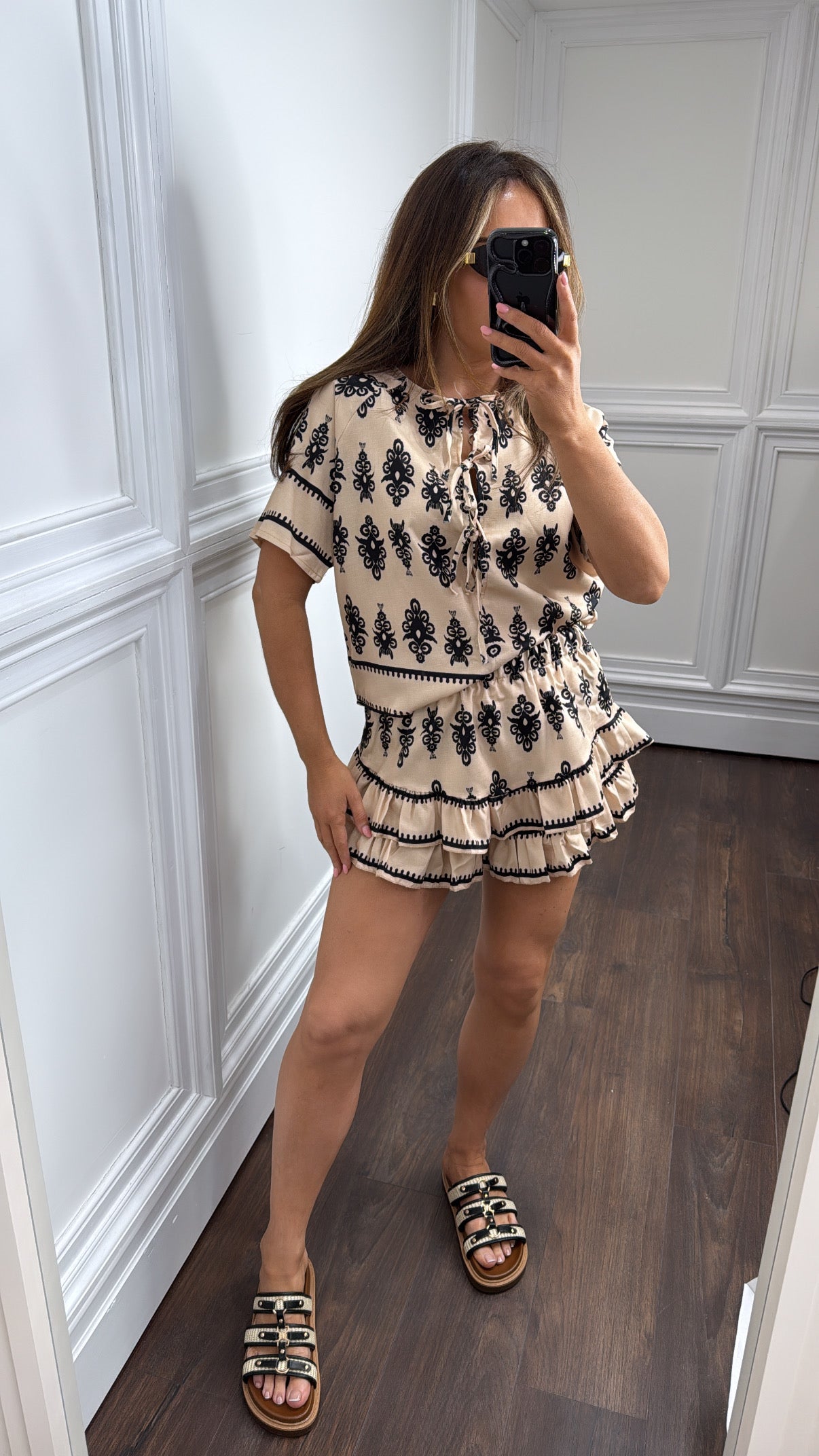RAYA beige baroque print frill shorts co-ord