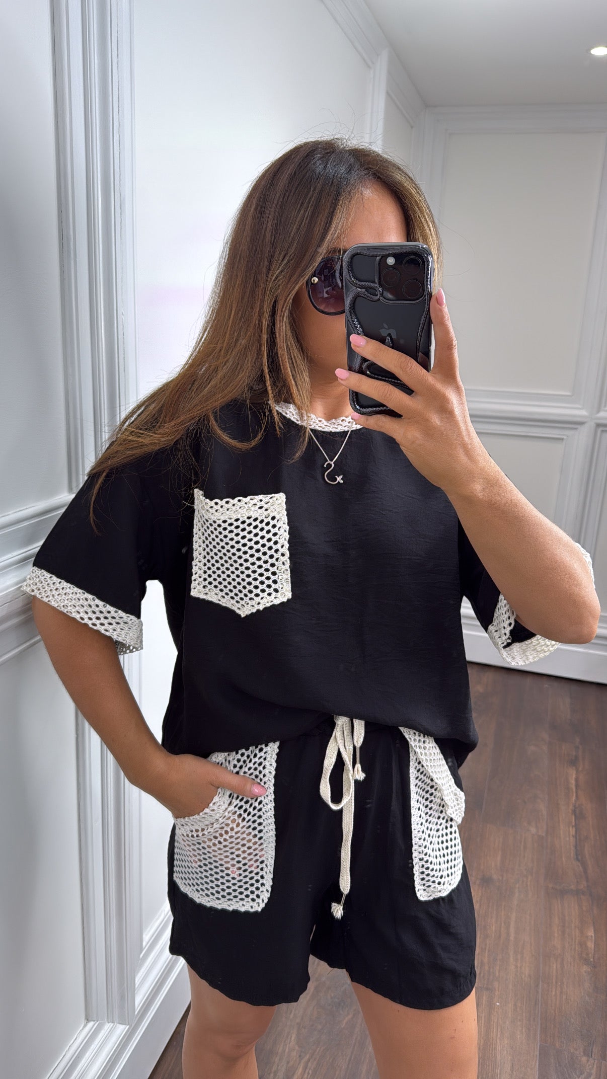 KARA black with cream net detail top and shorts co-ord