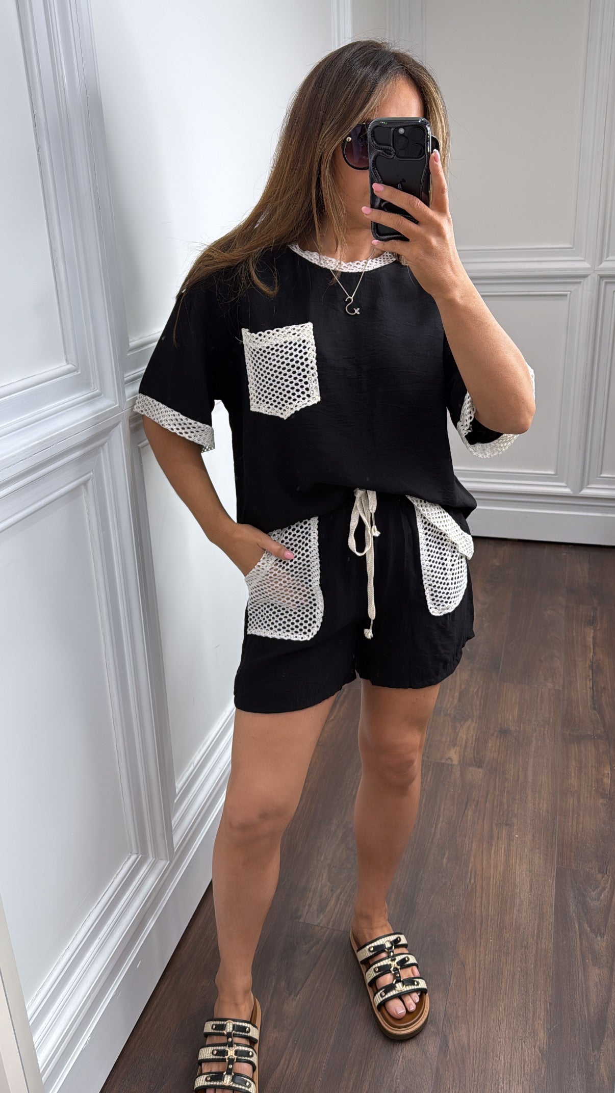 KARA black with cream net detail top and shorts co-ord