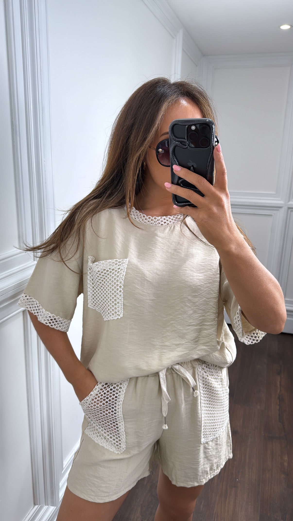 KARA beige with cream net detail top and shorts co-ord
