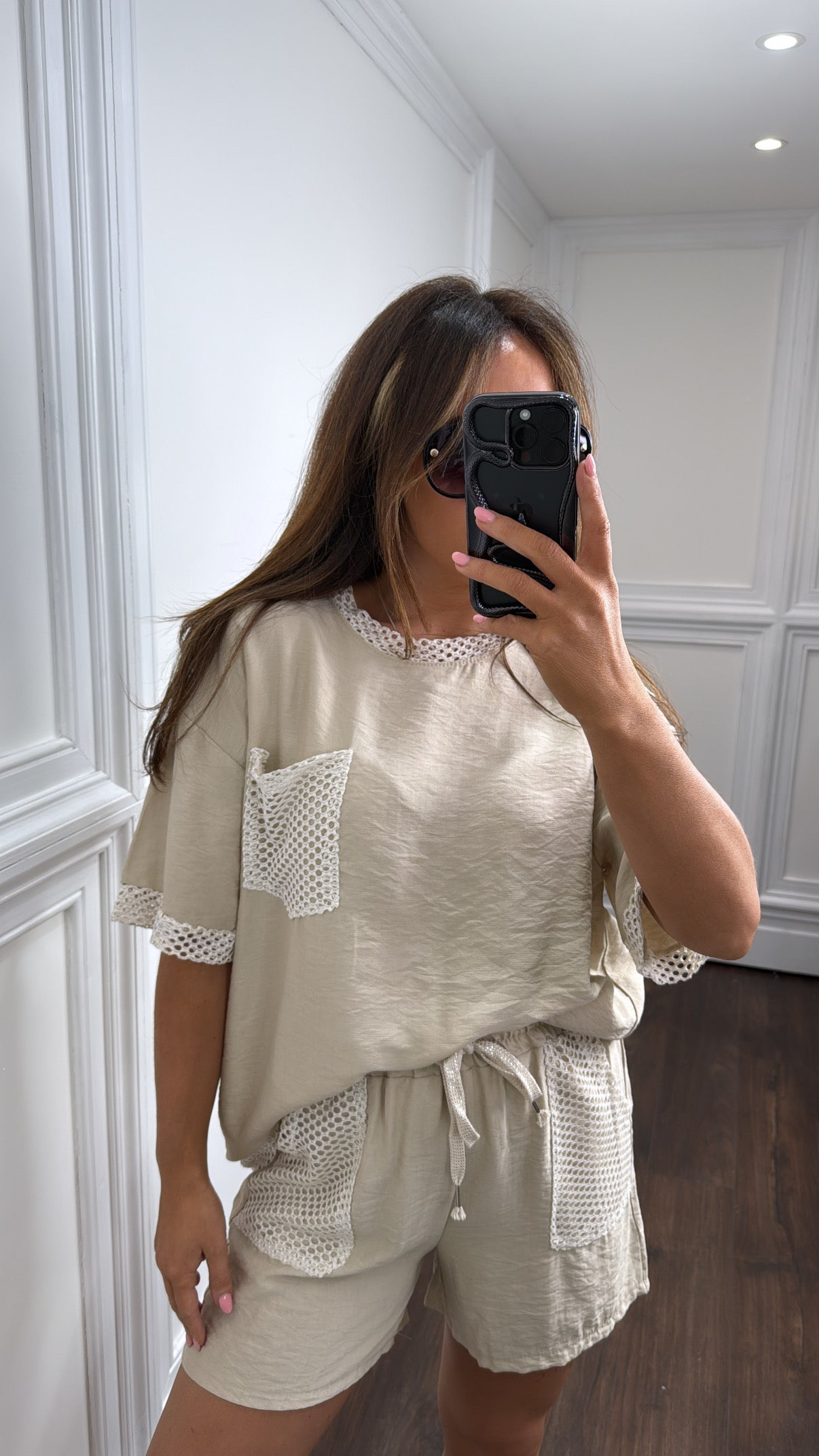 KARA beige with cream net detail top and shorts co-ord