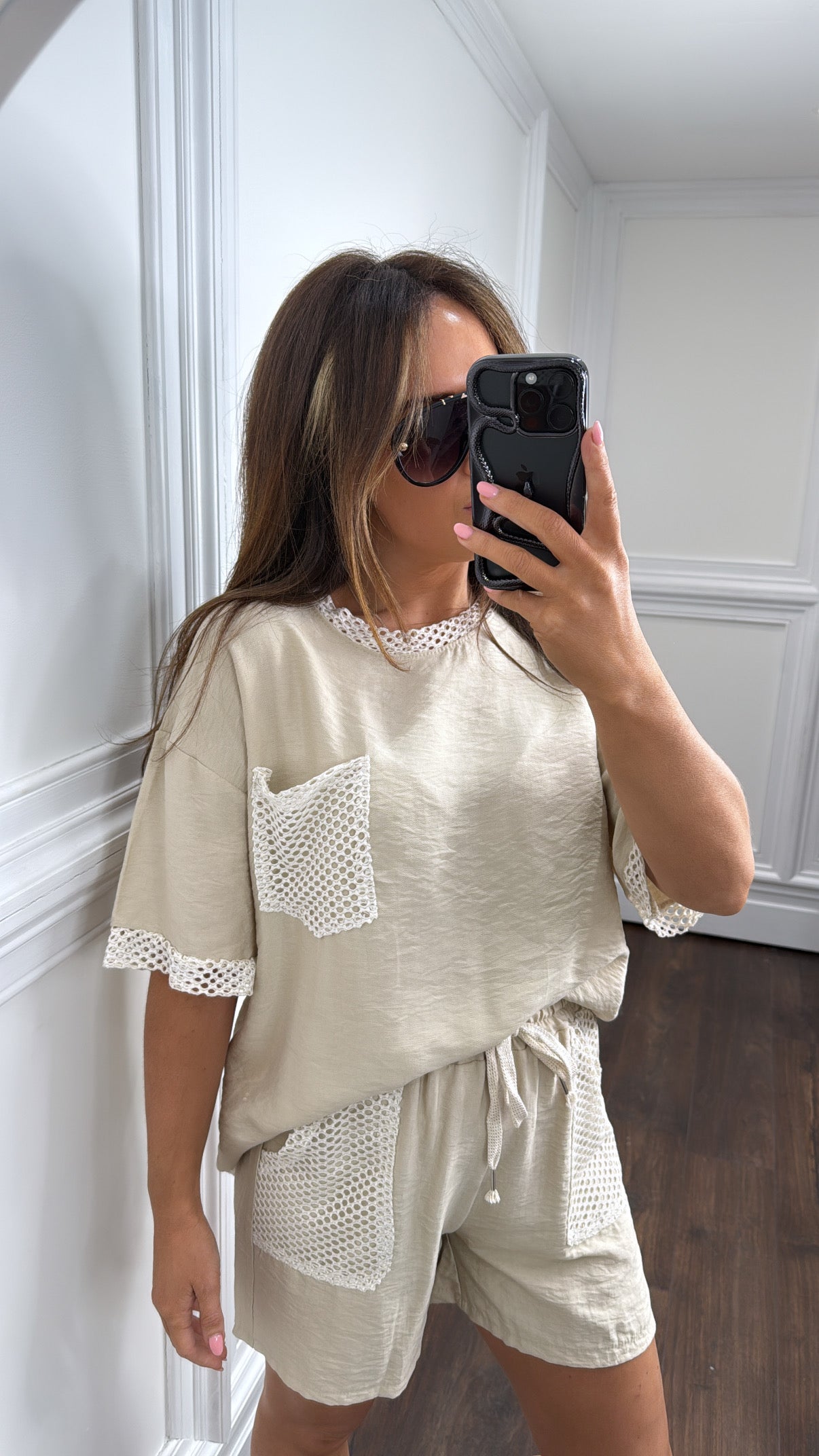 KARA beige with cream net detail top and shorts co-ord