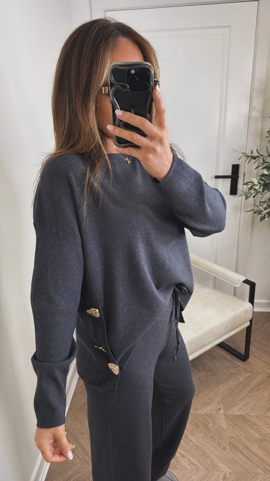 HARPER charcoal top and trousers knitted lounge set