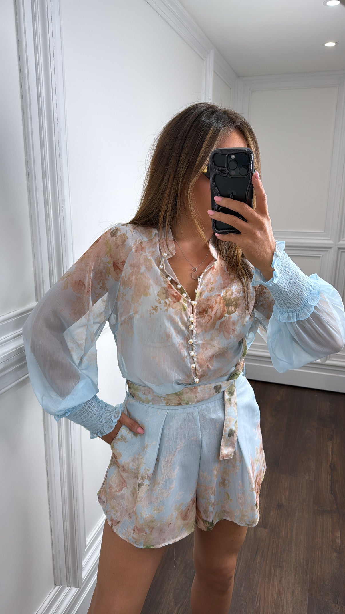 ESTELLE blue floral pearl button co-ord