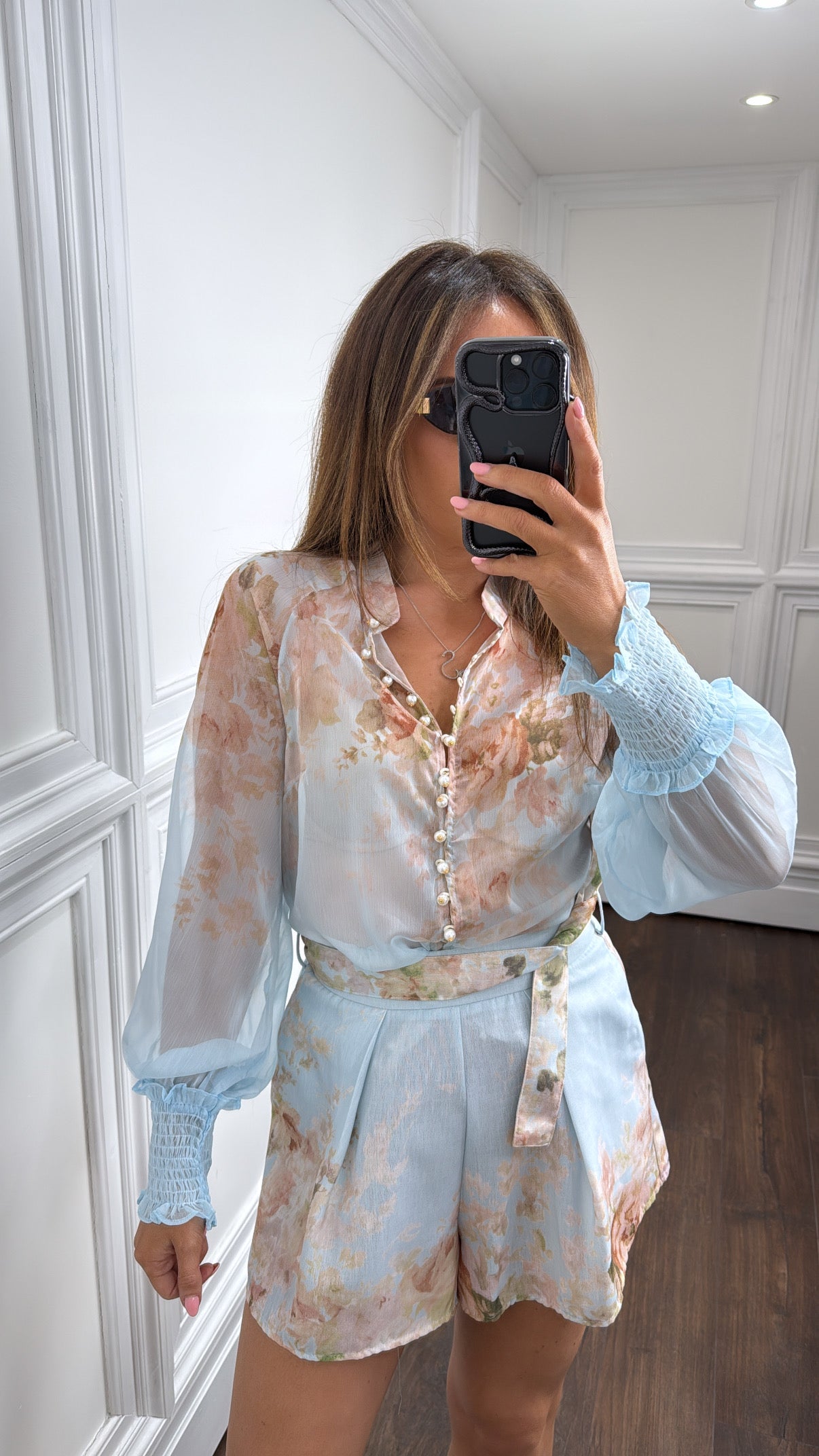 ESTELLE blue floral pearl button co-ord