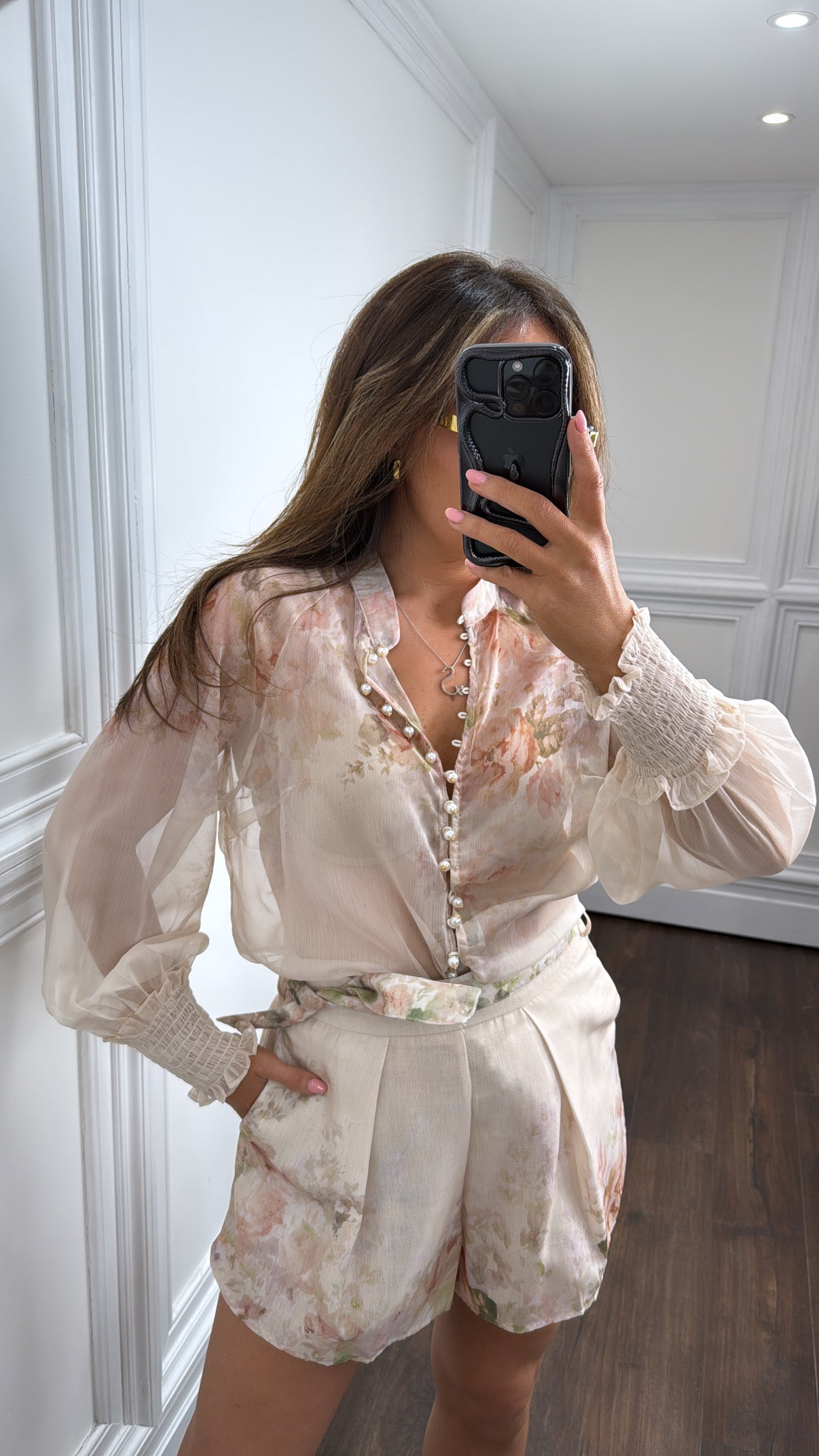 ESTELLE beige floral pearl button co-ord