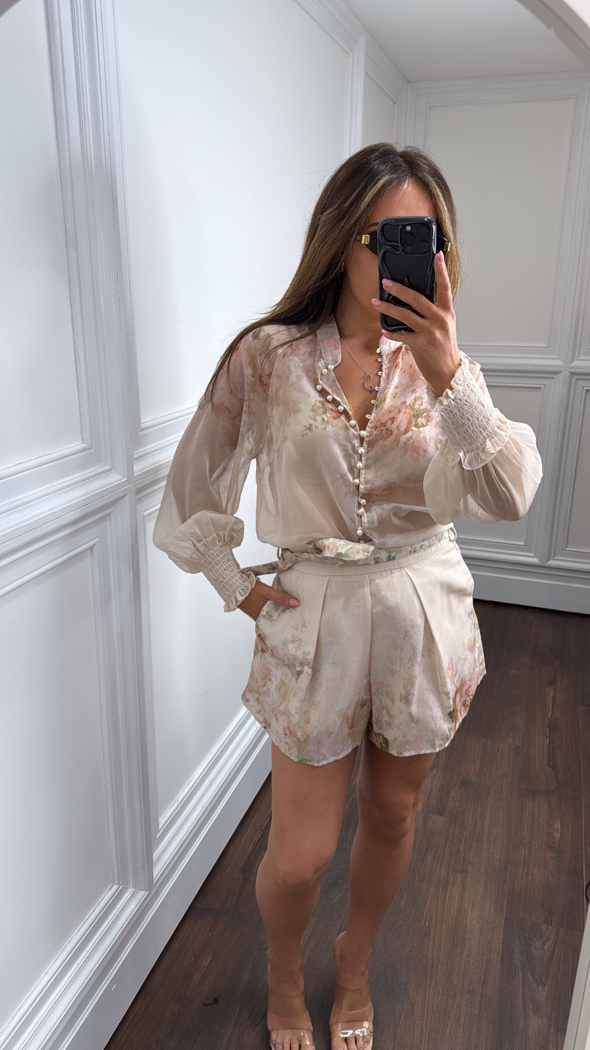 ESTELLE beige floral pearl button co-ord