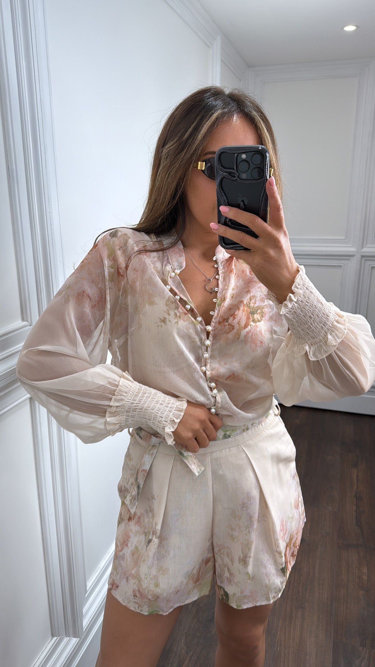 ESTELLE beige floral pearl button co-ord