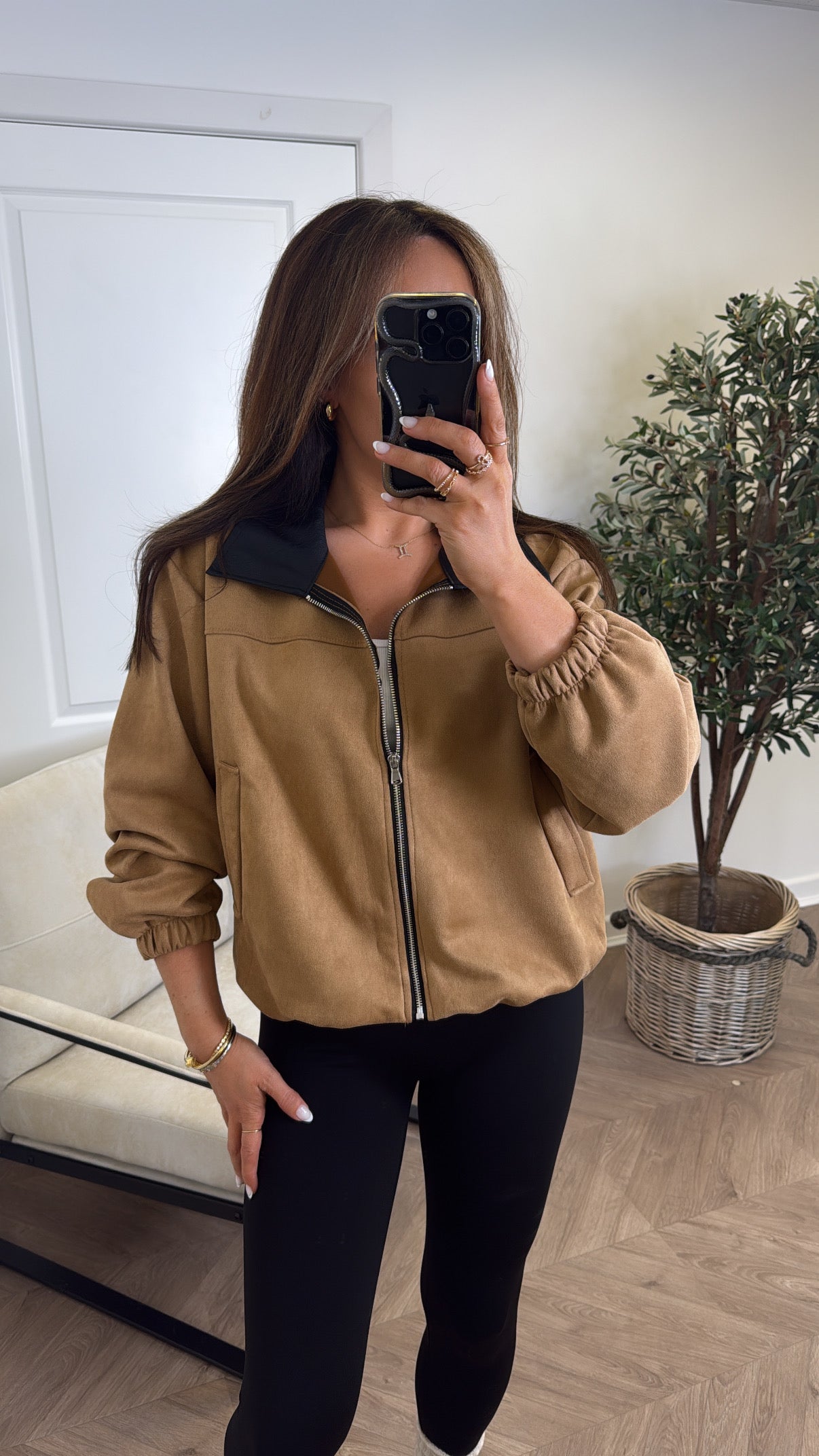 ANNIE camel faux suede bomber jacket
