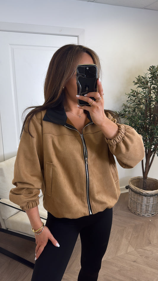 ANNIE camel faux suede bomber jacket
