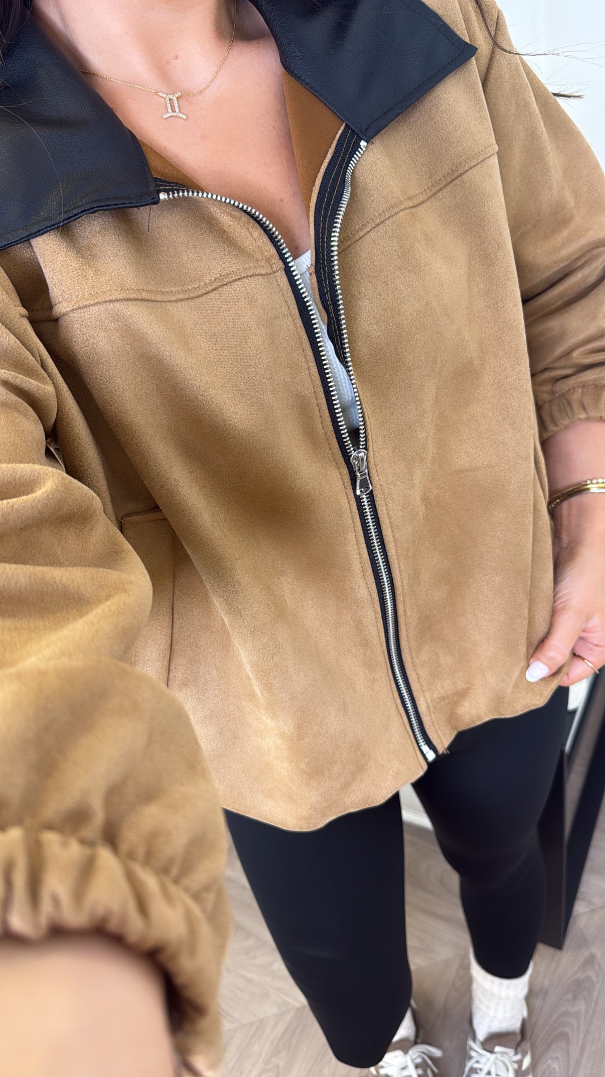 ANNIE camel faux suede bomber jacket