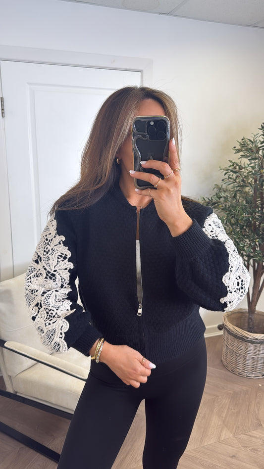 CLARISSA black knitted cardigan with crochet detail