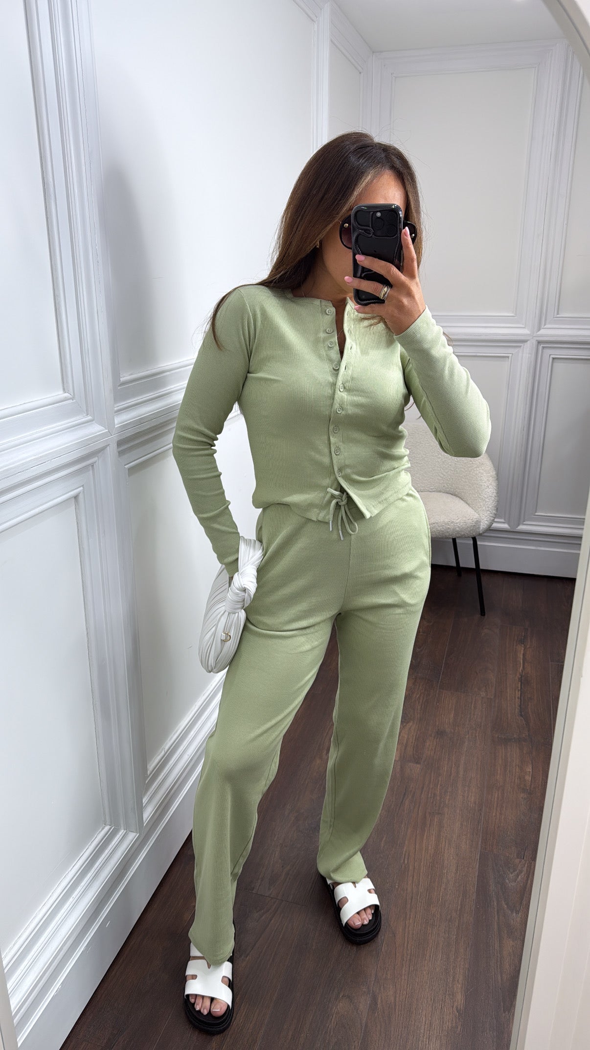 LORNA apple green ribbed cardigan lounge set