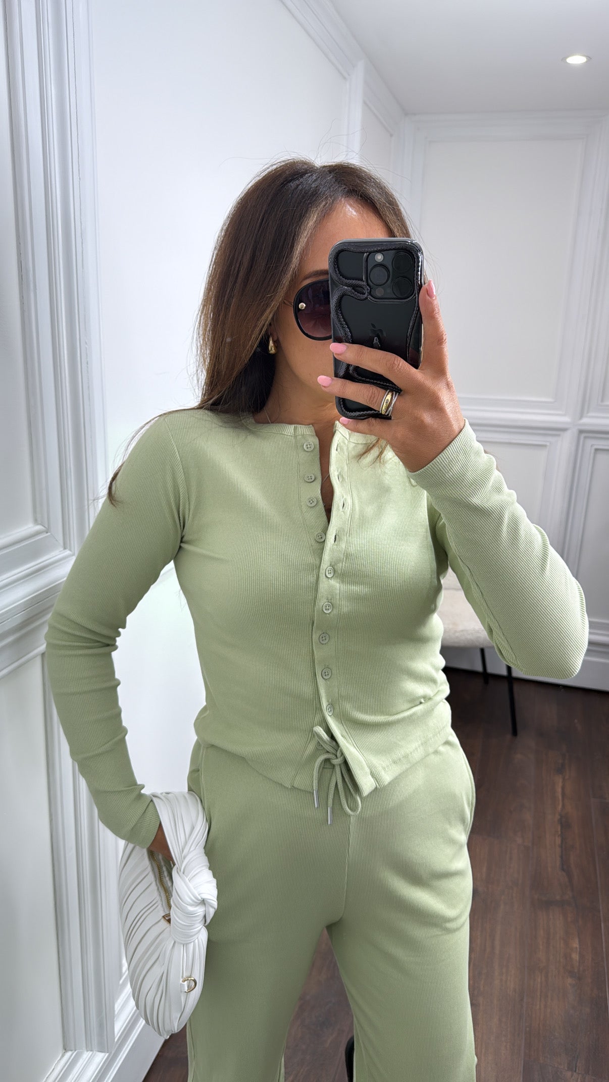 LORNA apple green ribbed cardigan lounge set