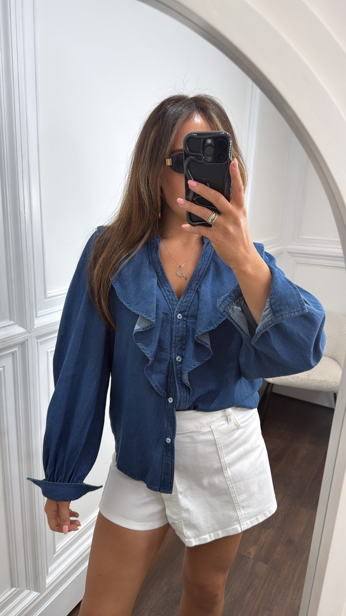 ABBEY dark blue frill denim shirt
