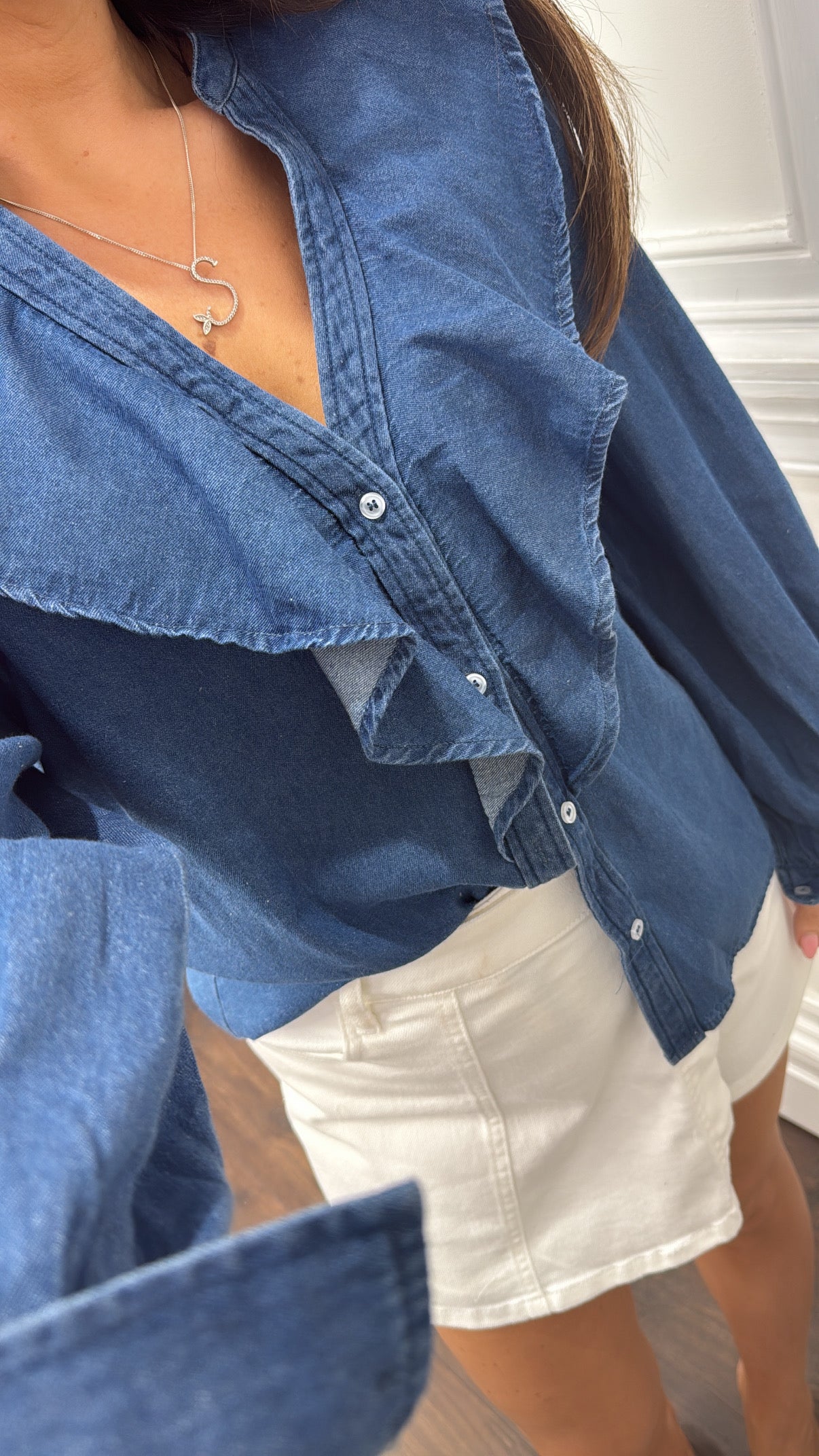 ABBEY dark blue frill denim shirt