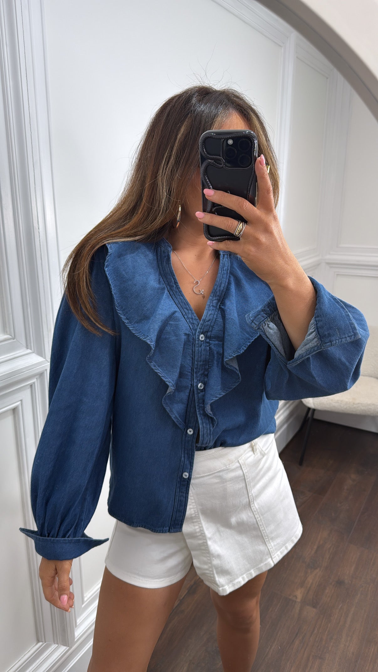 ABBEY dark blue frill denim shirt