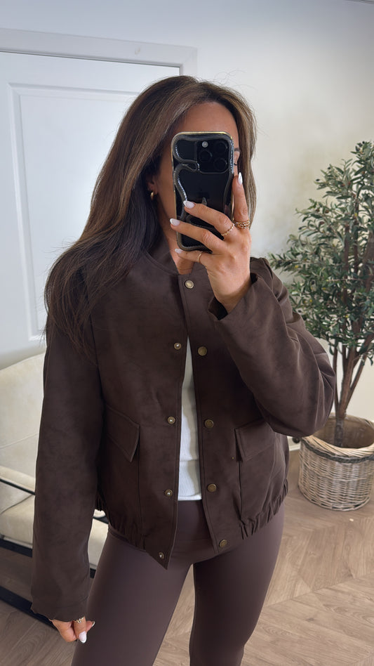 GABRIELLE dark chocolate faux suede bomber jacket
