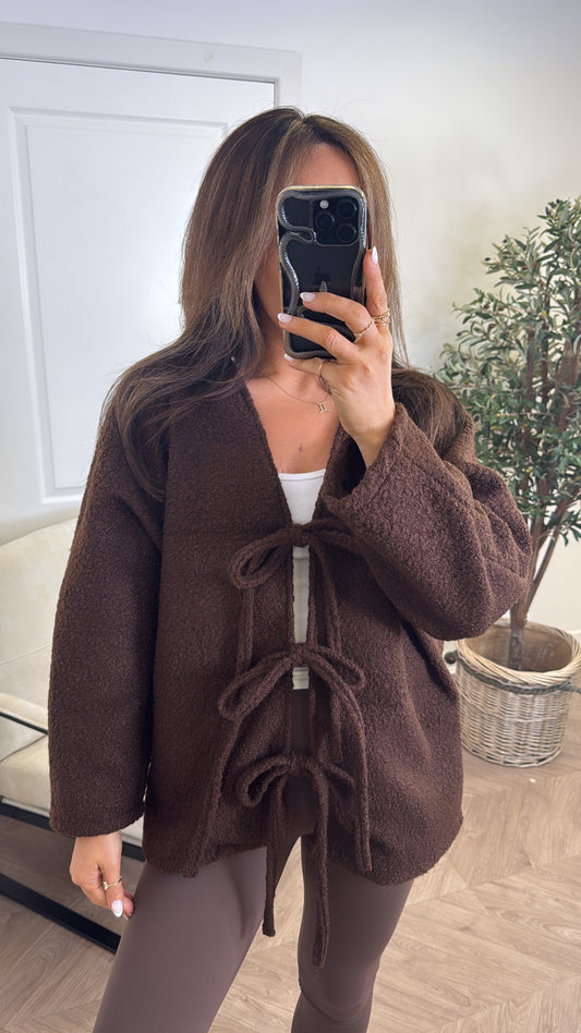 ANGELINE brown soft tie detail cardigan
