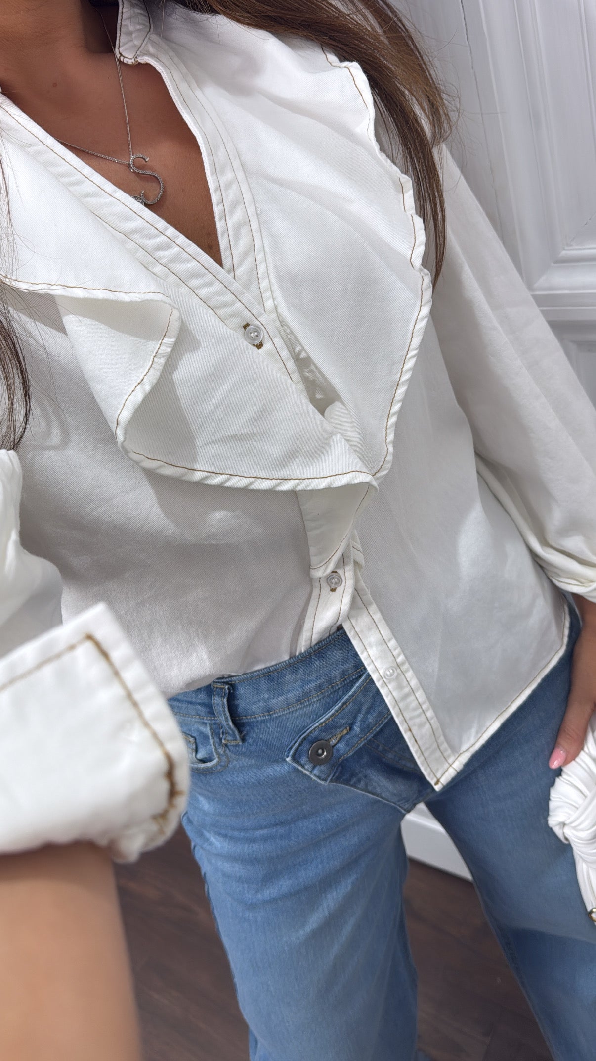 ABBEY white frill denim shirt
