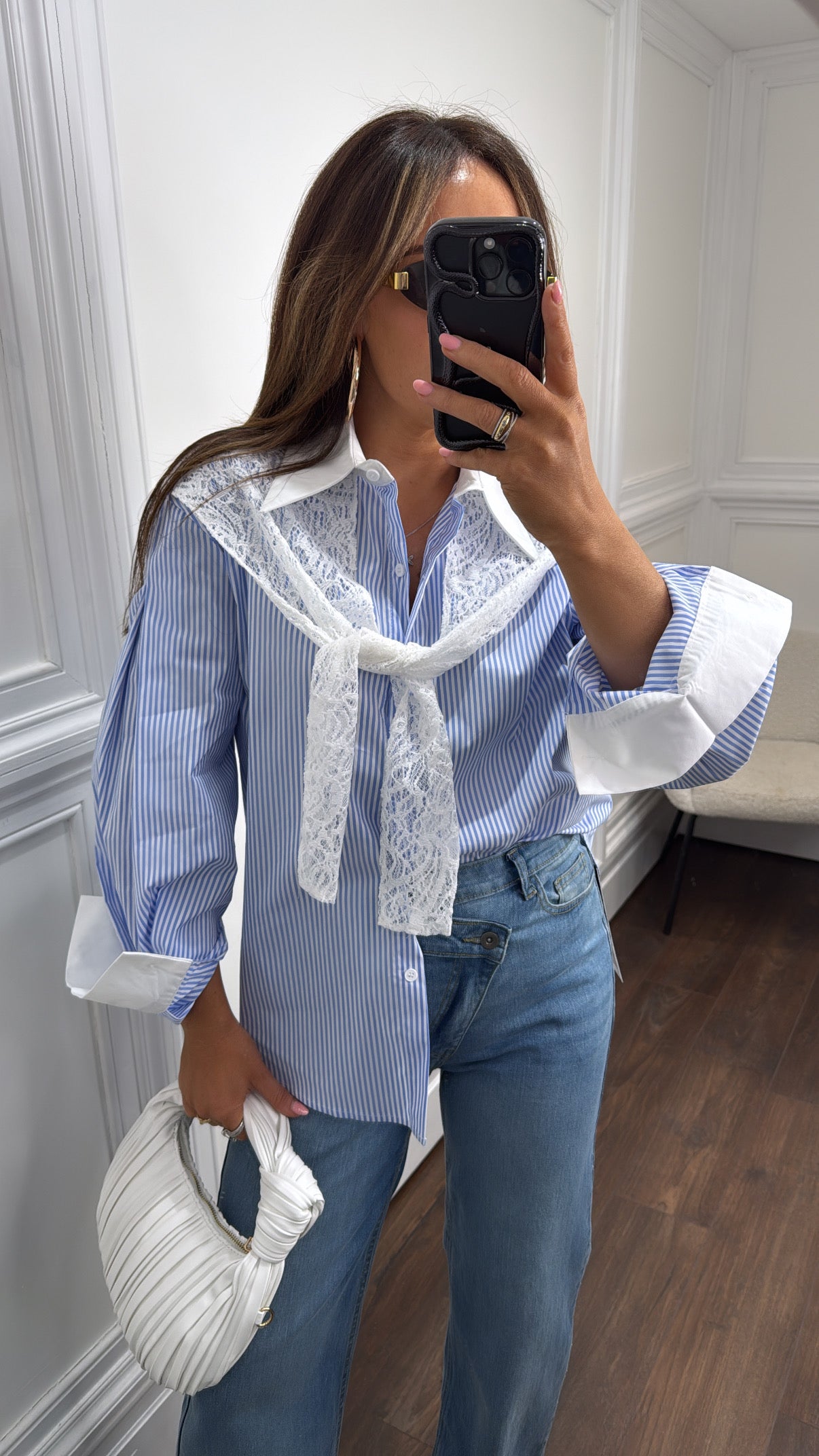 JADE blue and white shirt with lace overlay