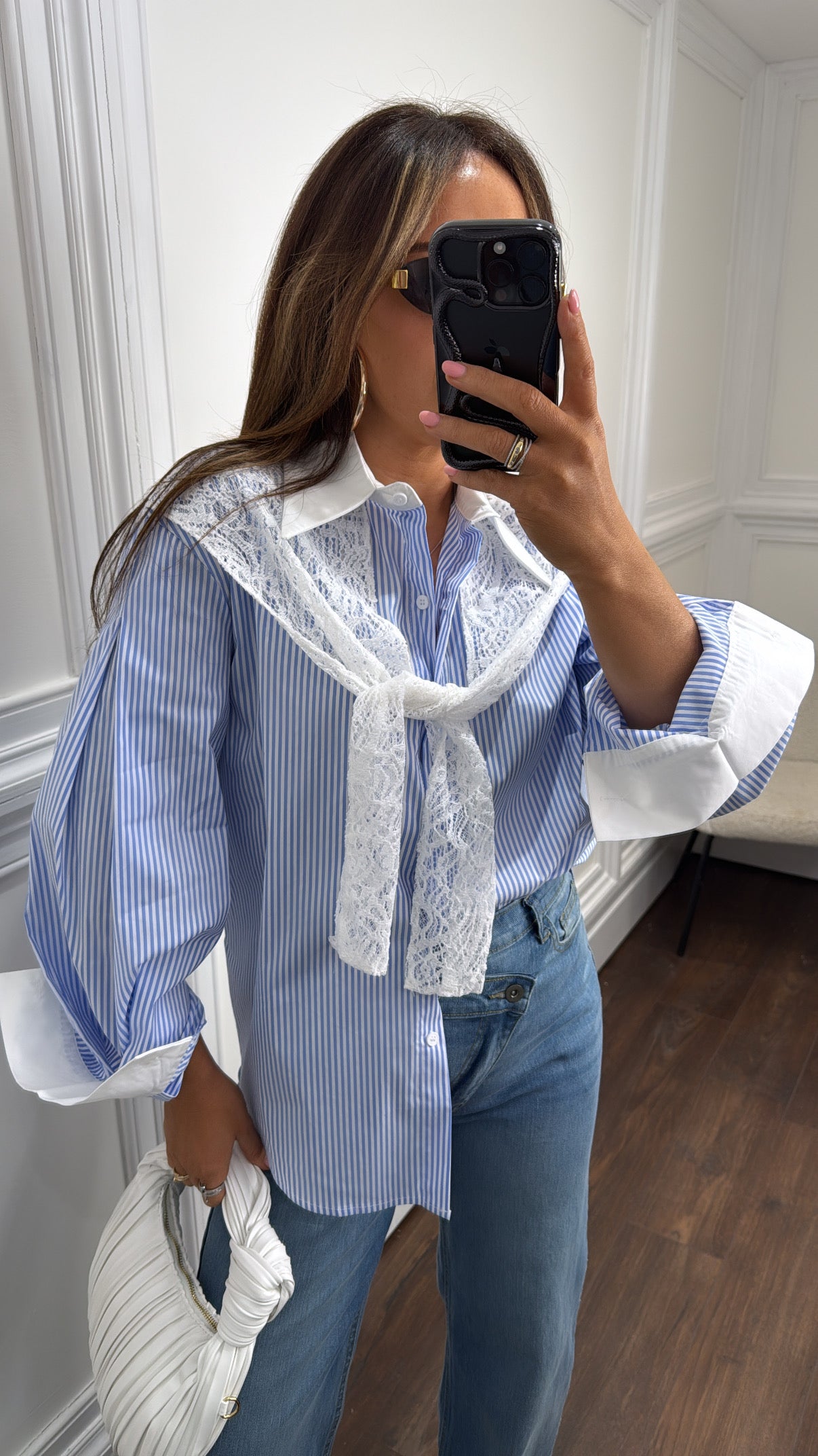 JADE blue and white shirt with lace overlay