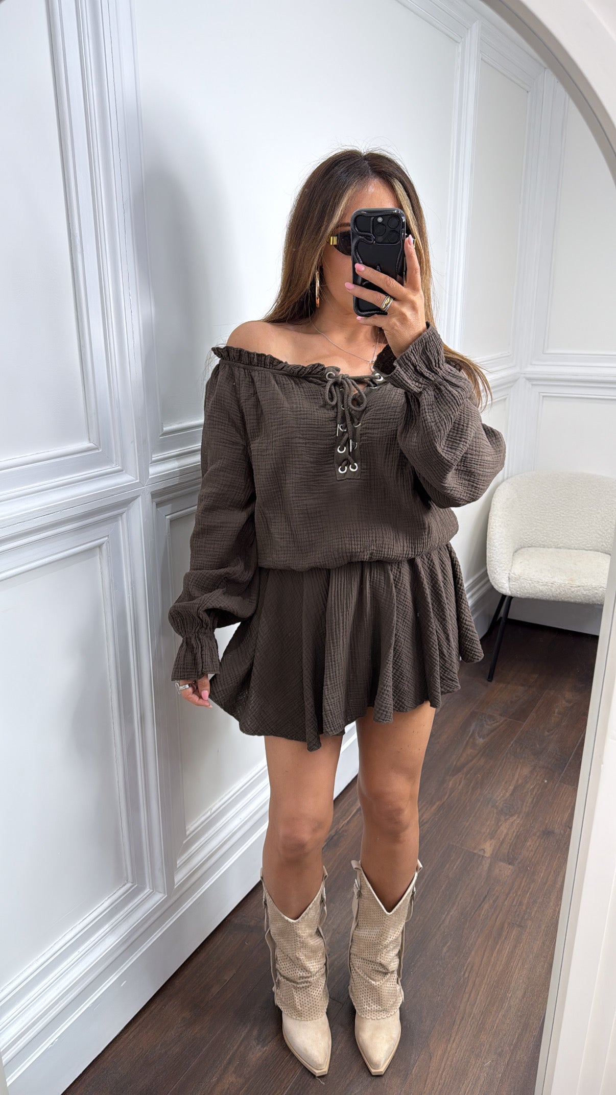 YASMINE brown cheesecloth tie up playsuit
