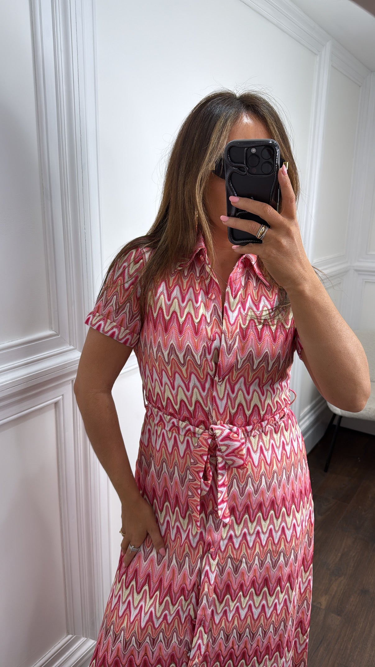 ALIYAH pink zig zag midi dress
