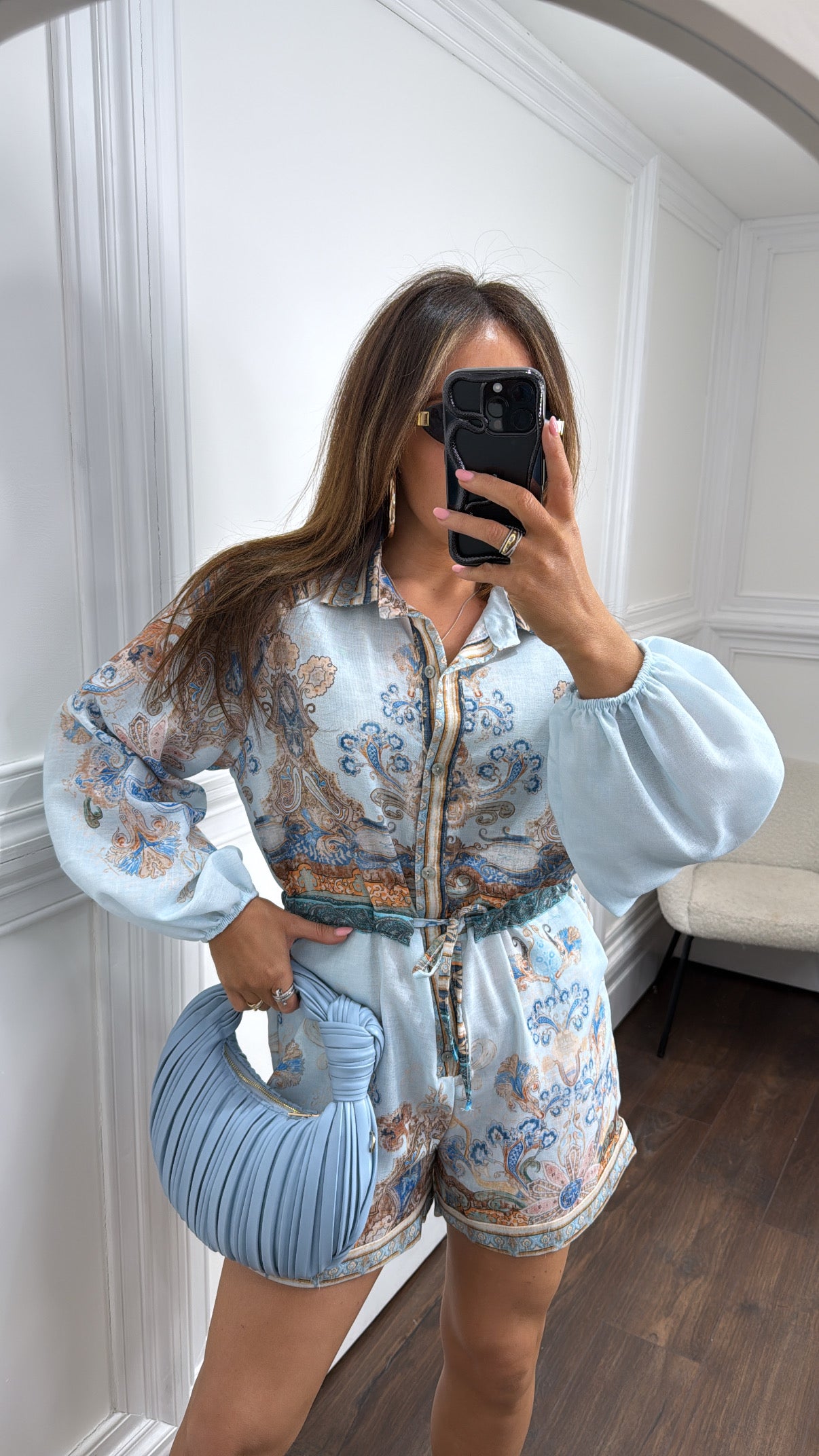 COURTNEY pale blue paisley print playsuit