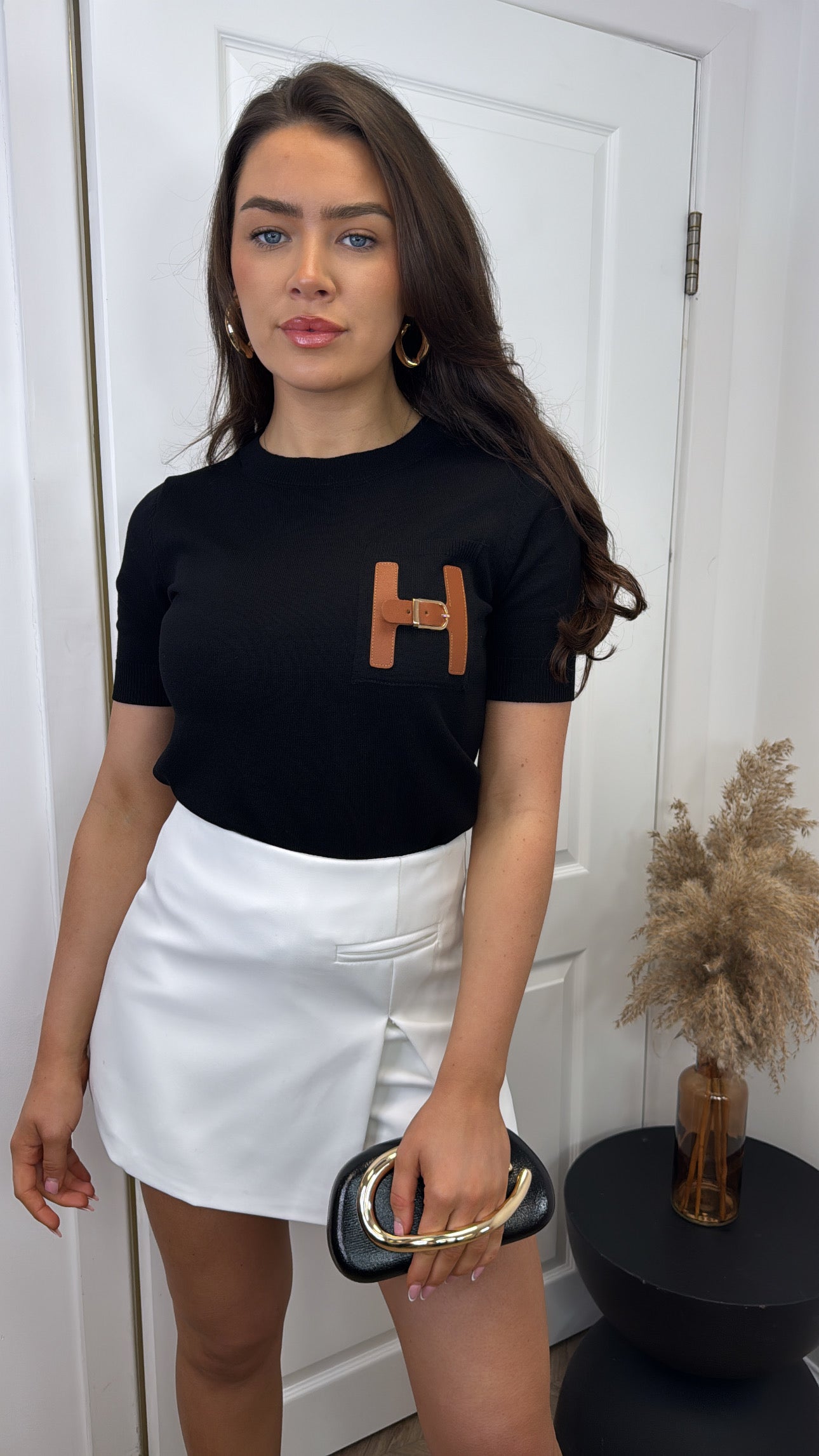 HARLEY black fine knit top with buckle detail