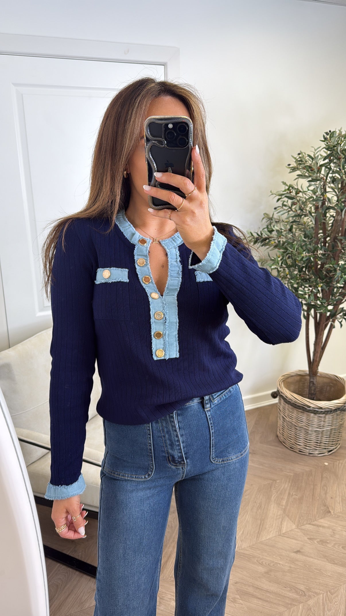 HARLEY navy fitted top with denim contrast and gold buttons