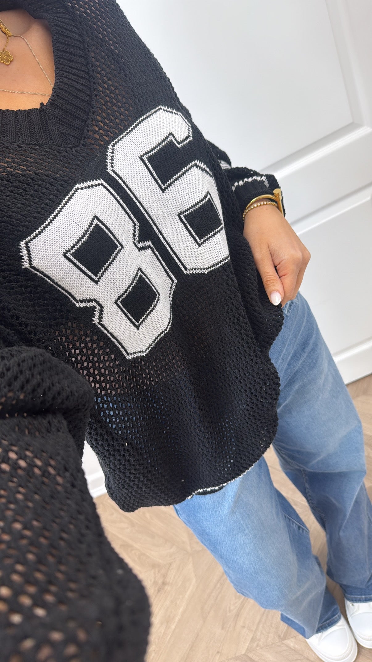 MALA black netted over size top with logo back