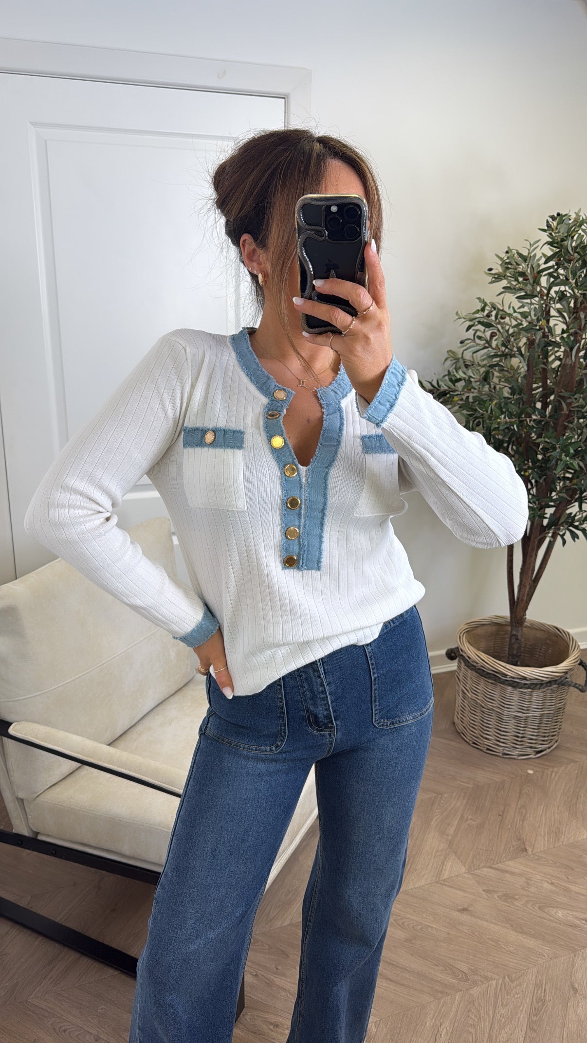 HARLEY white fitted top with denim contrast and gold buttons